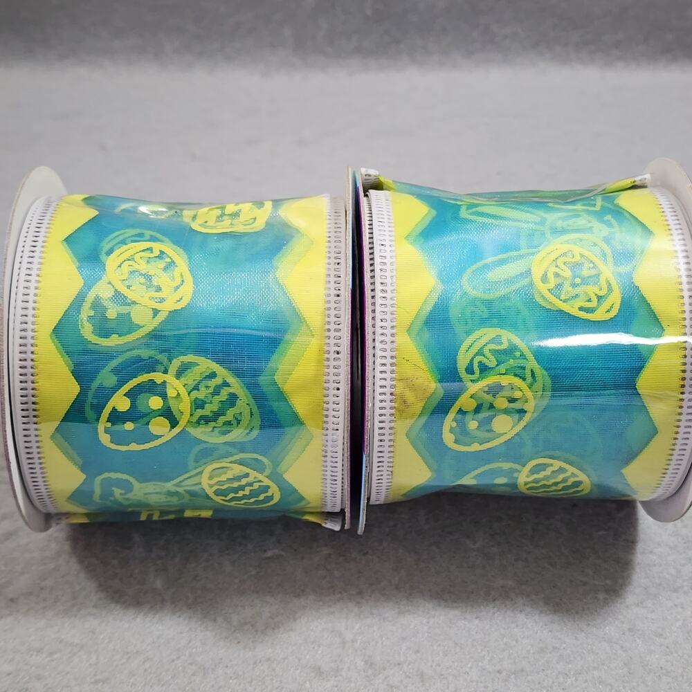 EASTER BUNNY EGGS Decorative Wired Ribbon 2 Rolls 9ft x 2.5in Easter Decorations
